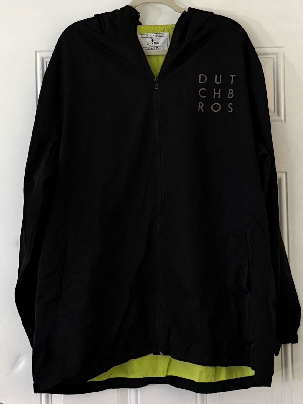 Dutch Bros Black Hooded Zip-up Light Windbreaker with Lime Green Lining